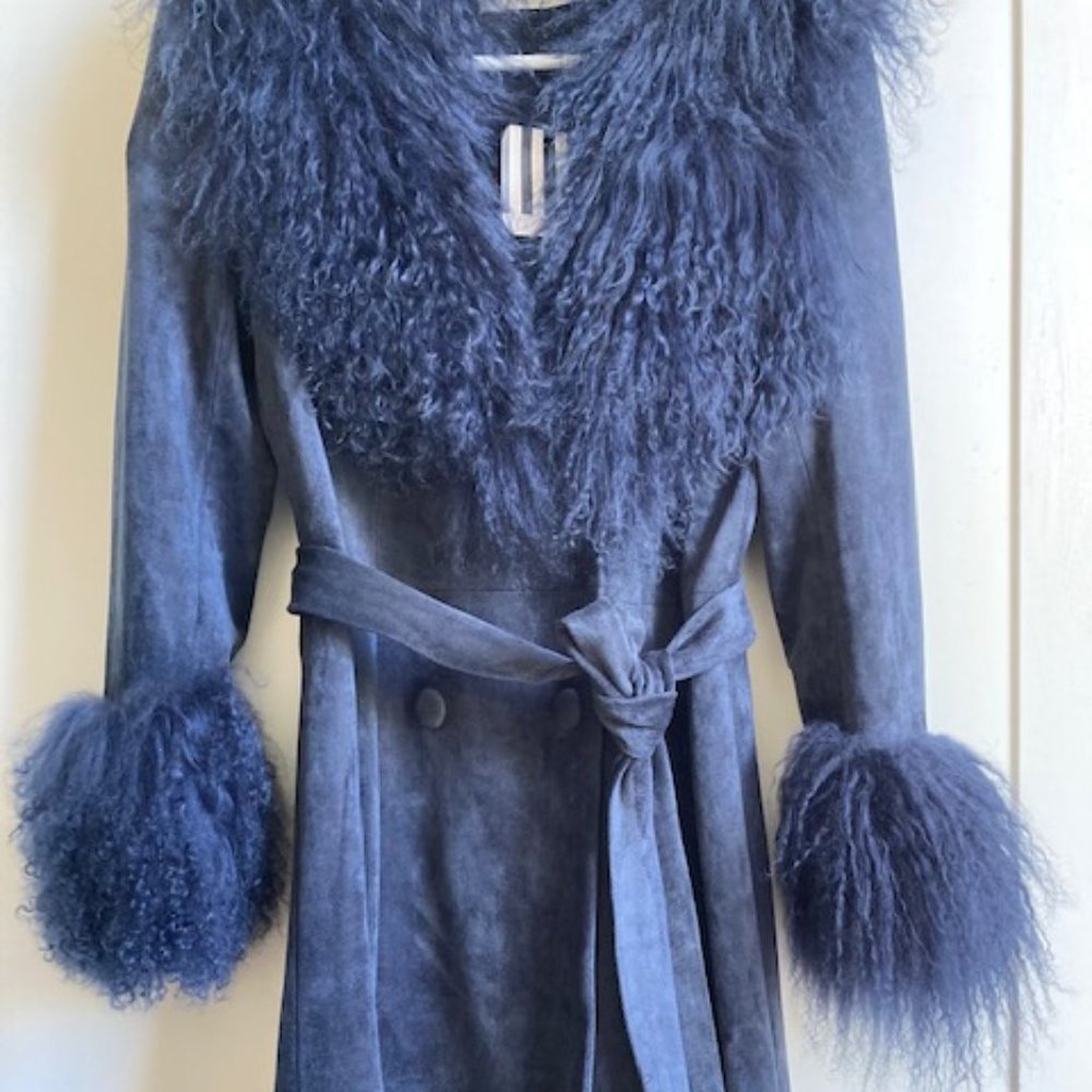 NWT Charlotte Simone Penny Lane Long Coat Faux Suede Fur Trim Blue sz Small